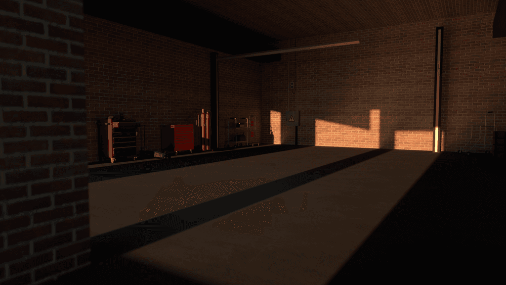 Industrial brick corridor with dramatic lighting and architectural details