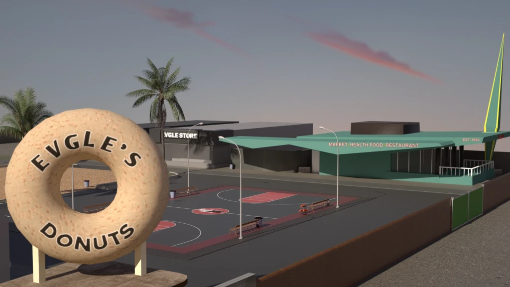 EVGLE complex with basketball courts and modern architecture