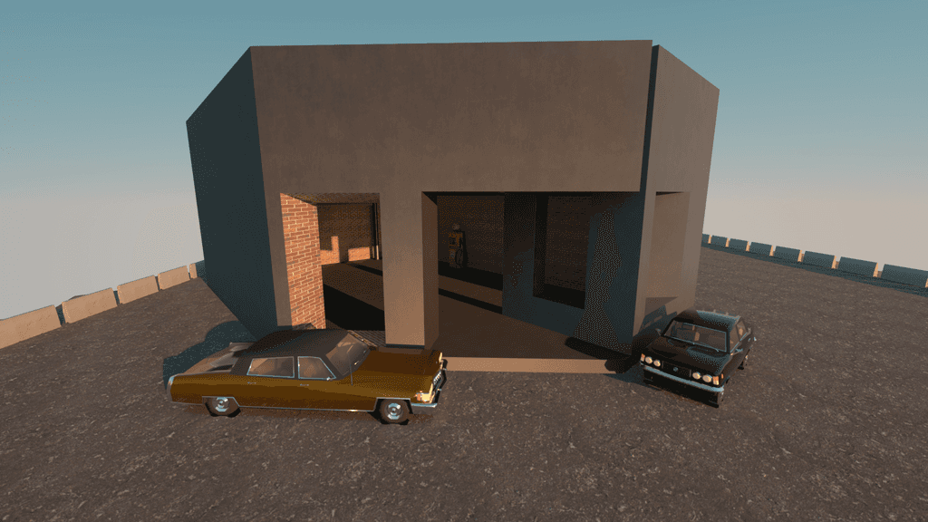 Modernist building exterior with vintage cars and environmental context