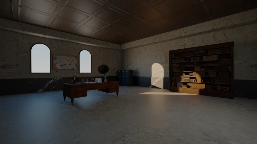 Classical library study with bookshelves