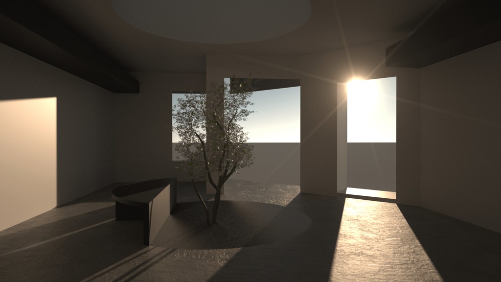 Interior architectural visualization with concrete walls and natural lighting