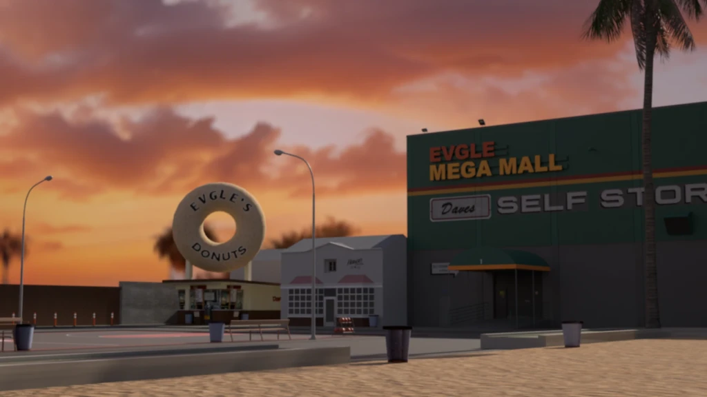 Retro street scene with EVGLE'S DONUTS signage
