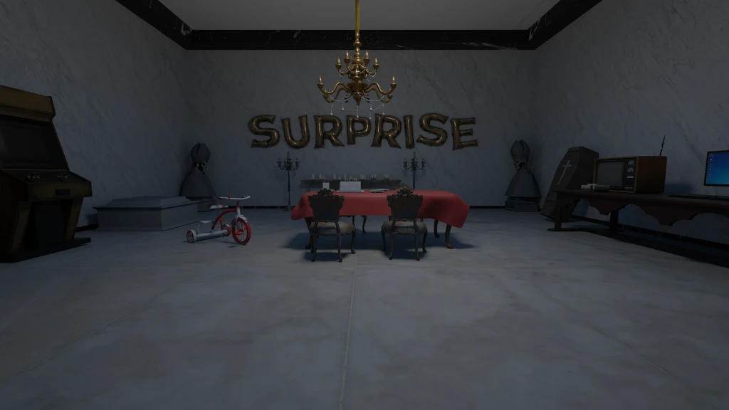 Dramatic room with SURPRISE text and chandelier